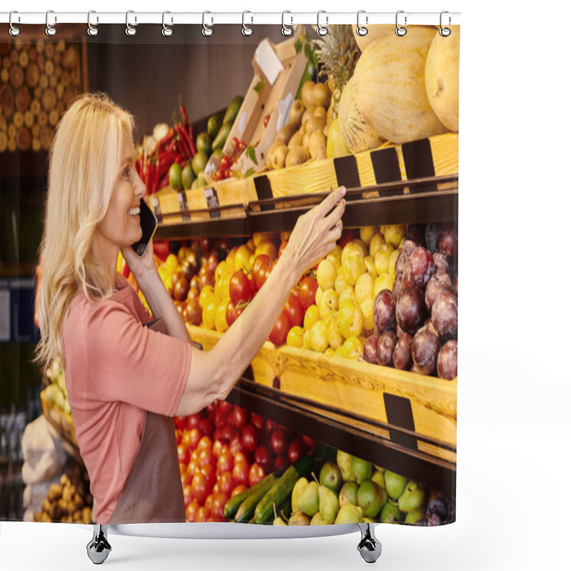 Personality  Cheerful Attractive Female Seller Talking Happily By Mobile Phone And Looking At Price Tags Shower Curtains