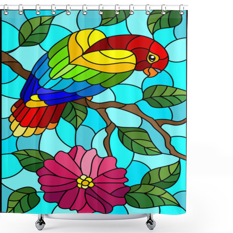 Personality  Stained Glass Illustration With An Abstract Parrot On A Branch Of A Flowering Tree On A Blue Background, Rectangular Image Shower Curtains