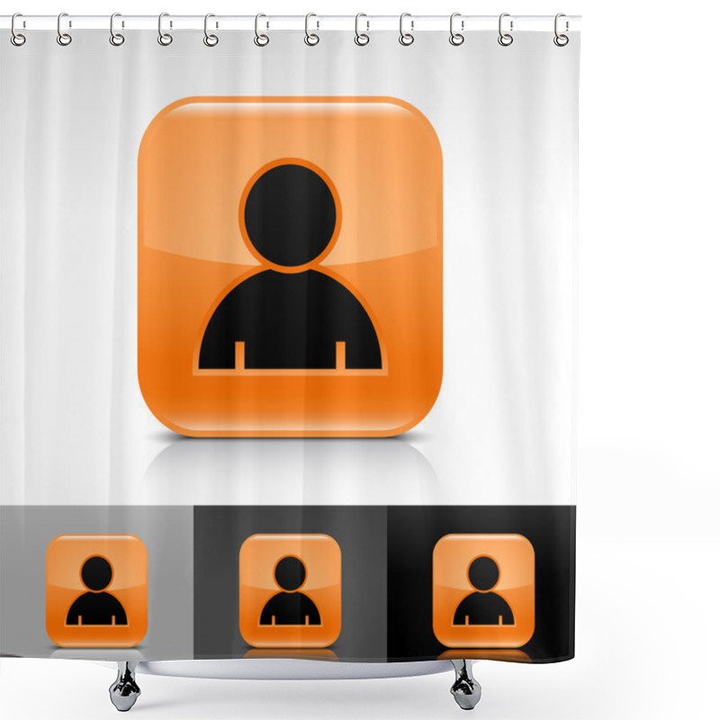 Personality  Orange Glossy Web Button With Black User Profile Sign. Rounded Square Shape Icon With Shadow, Reflection On White, Gray, Black Background. Vector 8 Eps. Shower Curtains