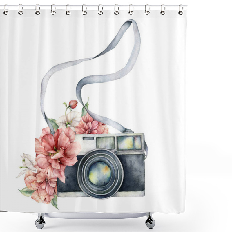 Personality  Watercolor Summer Composition Of Camera And Flowers. Hand Drawn Camera And Peonies Isolated On White Background. Illustration For Design, Logo, Prints Or Background Shower Curtains