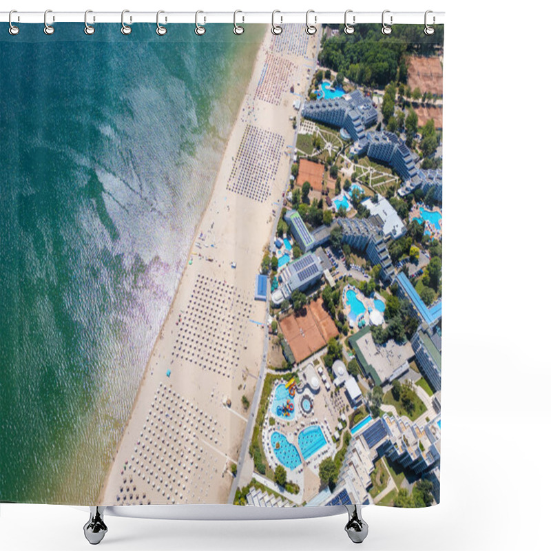 Personality  Drone Video Of A Sprawling Beach With Rows Of Umbrellas, Sunbathers, And Water Activities. The Aerial View Captures The Vibrant Atmosphere Of A Summer Day At The Seaside Resort. Albena, Bulgaria. Shower Curtains