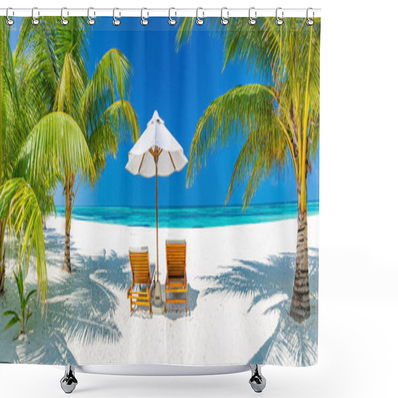 Personality  Tropical Beach Nature As Summer Landscape With Lounge Chairs And Palm Trees And Calm Sea For Beach Banner. Luxurious Travel Landscape, Beautiful Destination For Vacation Or Holiday. Beach Scene Shower Curtains