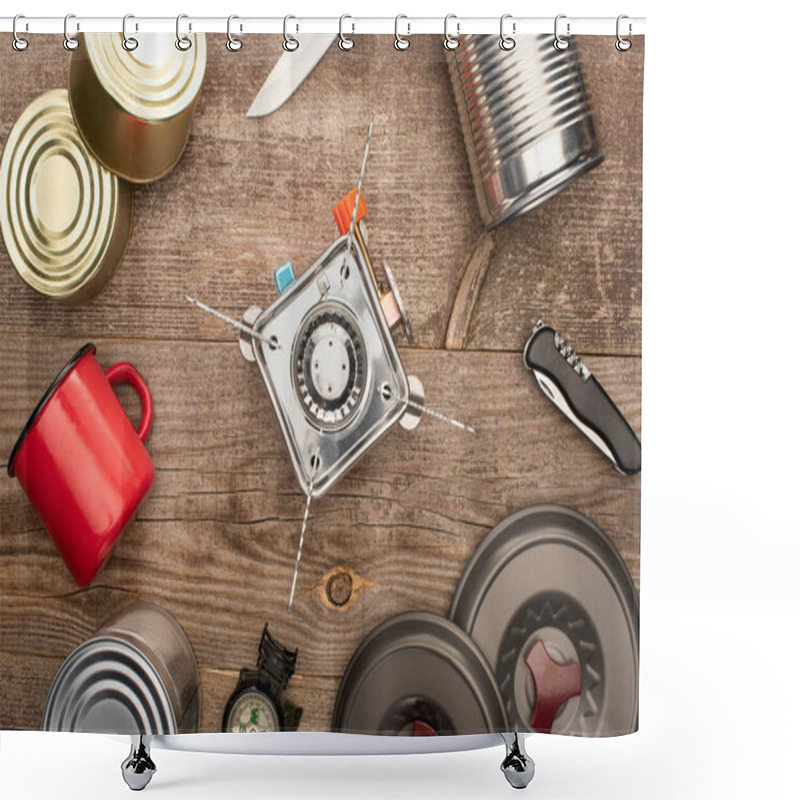 Personality  Top View Of Gas Burner, Tin Cans, Metal Cup,  On Wooden Table Shower Curtains