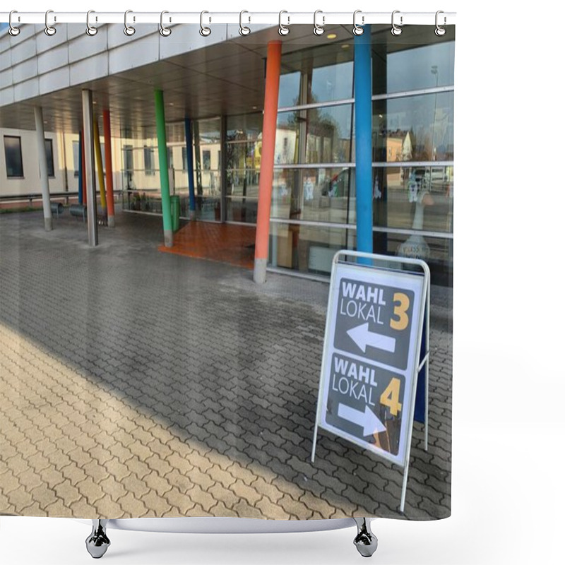 Personality  Ganserndorf, Lower Austria - January 26, 2025: Entrance Door To Polling Station Established In An Austrian School Building During Municipal Council Election. Shower Curtains