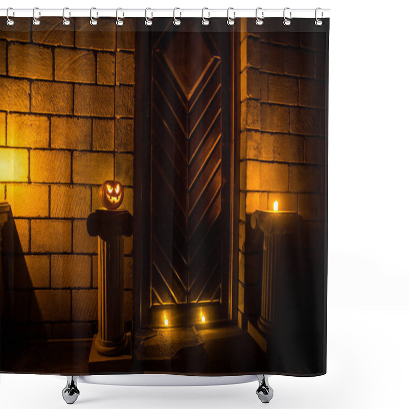 Personality  Front Door To A House Decorated With Halloween Pumpkin. Halloween Pumpkin On A Door Steep At Night Shower Curtains