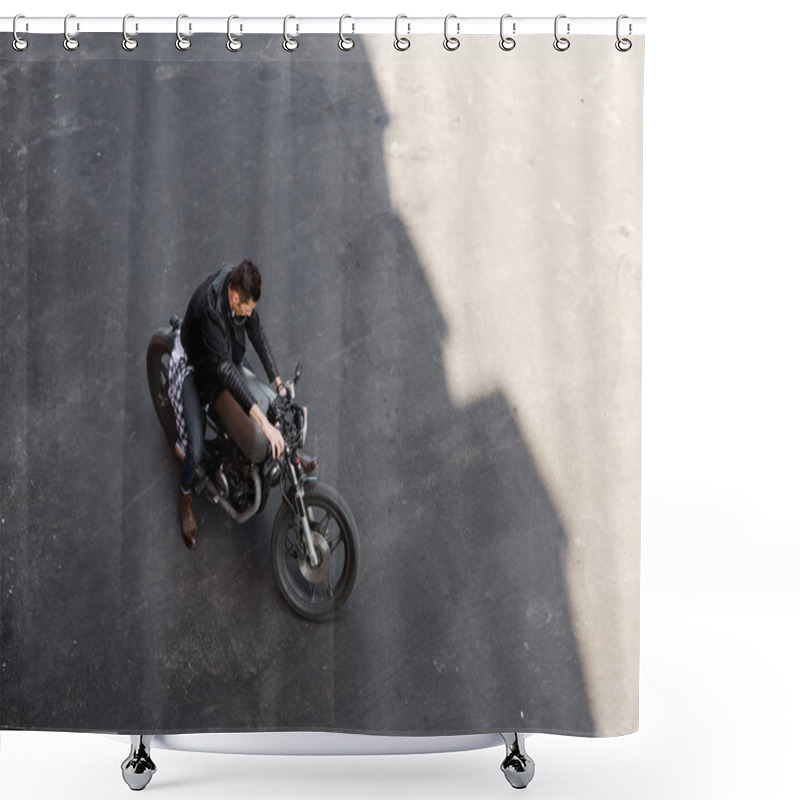 Personality  Top View To Brutal Man With Cafe Racer Custom Motorbike. Shower Curtains