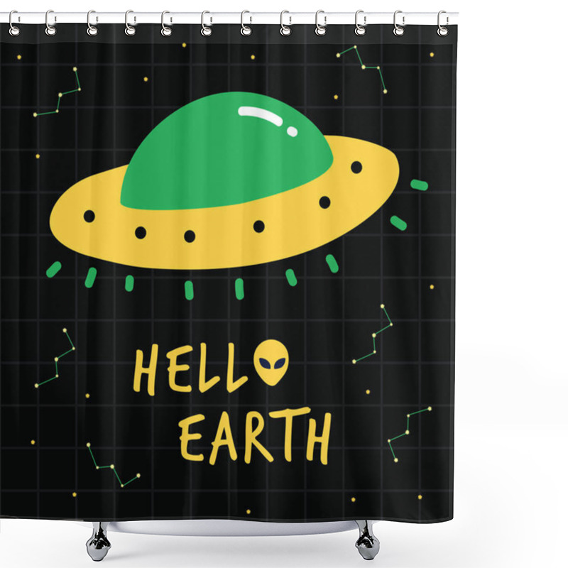 Personality  Hello Earth Alien Print Poster. A Playful, Modern, And Flexible Print For Brand Who Has Cute And Fun Style. Happy, Bright, And Magical Mood. Shower Curtains