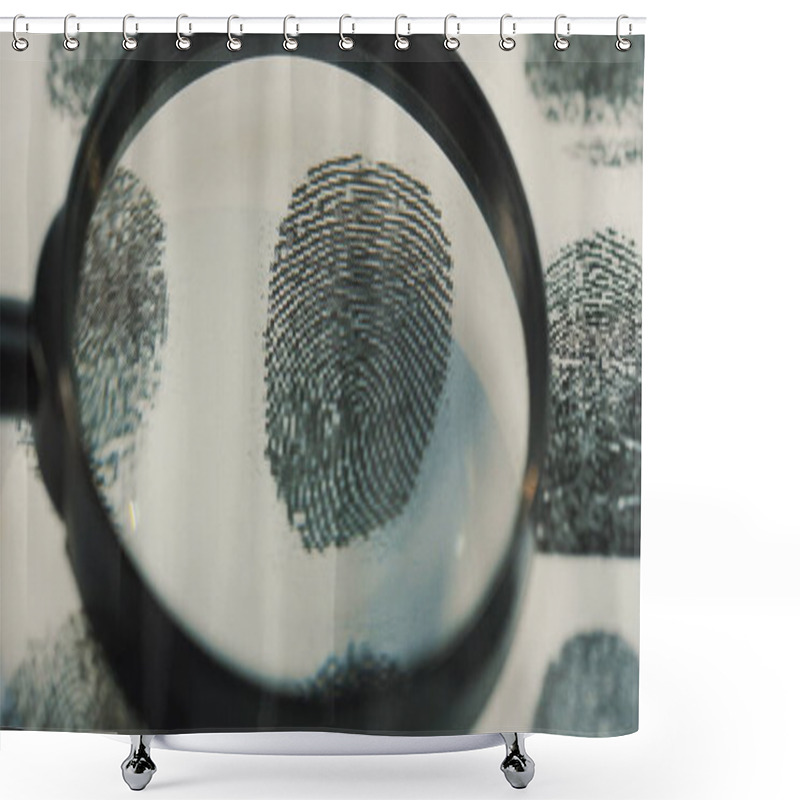 Personality  Macro Shooting Of The Investigation Of The Fingerprints With A Magnifying Glass. Close Up Shower Curtains