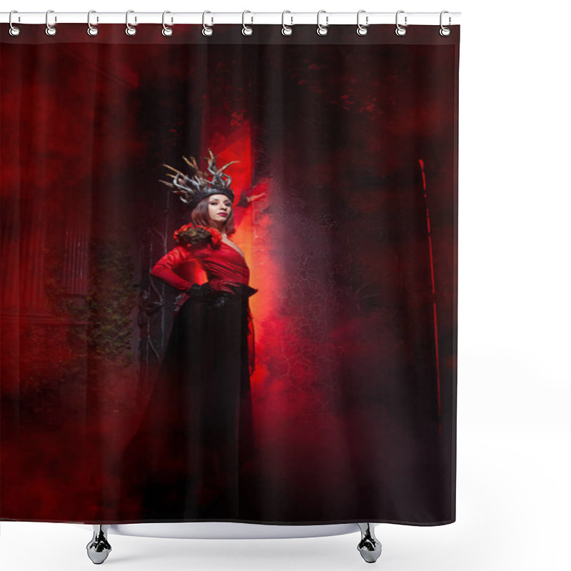 Personality  Beautiful Fashion Witch Woman With Horns In The Form Of Tree Roots In A Long Luxurious Dress On The Background Of A Huge Gate With Red Smoke. Halloween Concept Shower Curtains