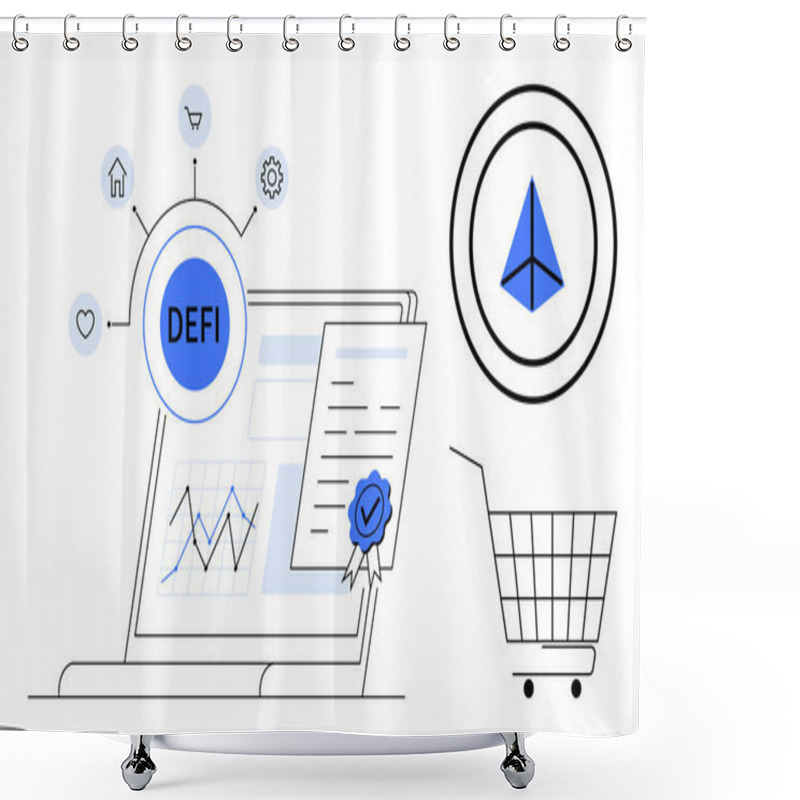 Personality  Laptop With Financial Charts DEFI Text Surrounded By Symbols Certificate With Ribbon Shopping Cart And Triangle Icon. Ideal For Digital Finance Fintech Decentralized Finance E-commerce And Technology Shower Curtains