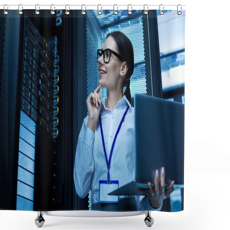 Personality  Cheerful Operator Working In A Server Cabinet Shower Curtains