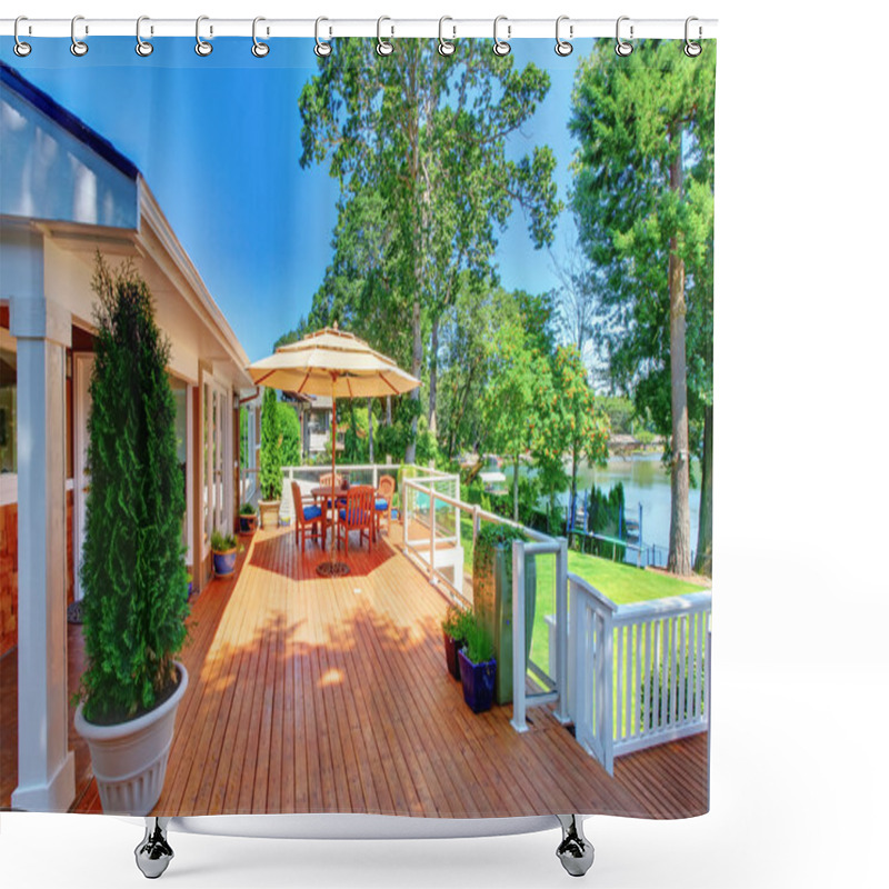 Personality  Large Orange Deck With Umbrella And House And Railing. Shower Curtains