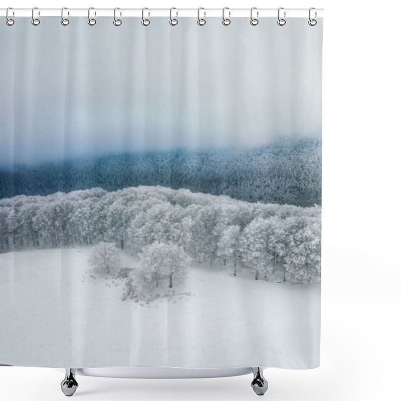 Personality  Snow Covered Forest. Minimalistic Landscape From Above. Aerial View Of Foggy Mountains. Abstract, Vintage Style.  Shower Curtains