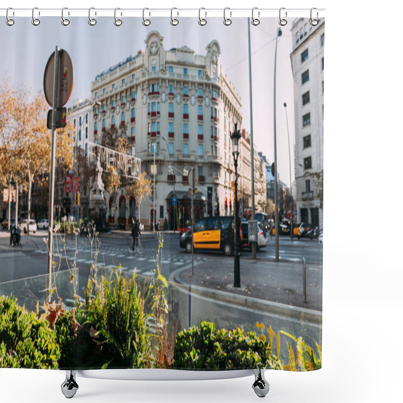 Personality  BARCELONA, SPAIN - DECEMBER 28, 2018: Urban Scene With Beautiful House On Crossroad Shower Curtains