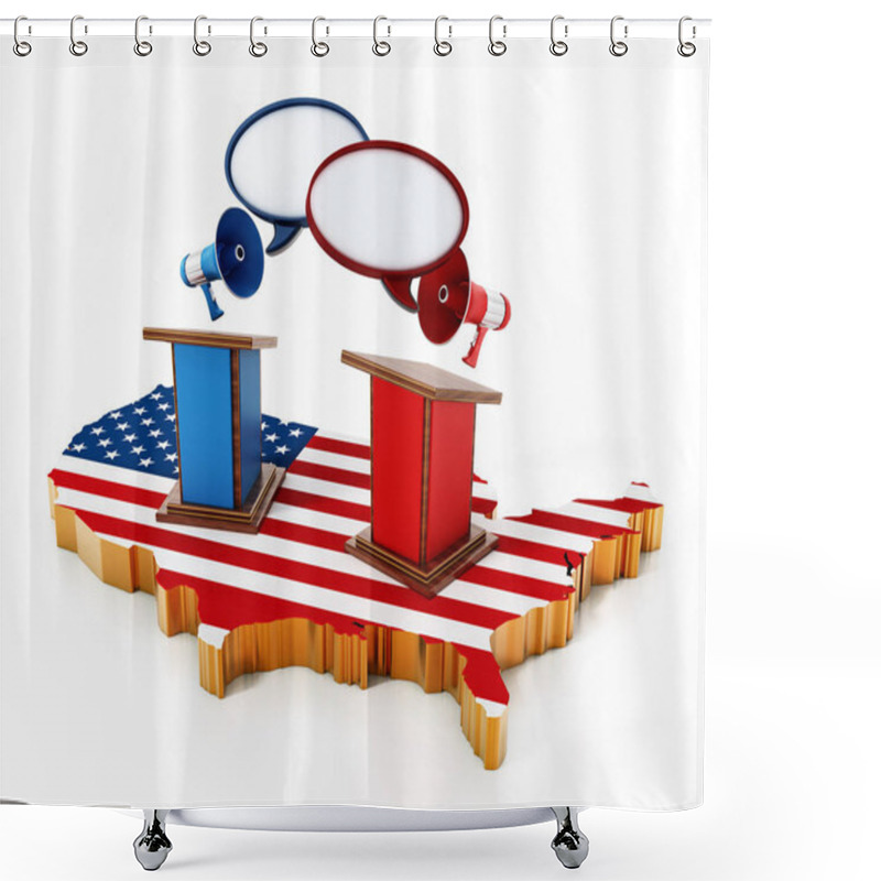 Personality  Blue And Red Lecterns Standing On USA Map. 3D Illustration Shower Curtains