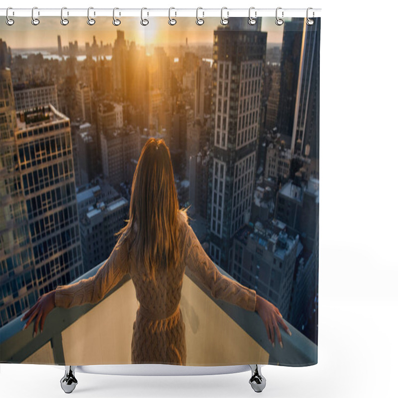 Personality  Rich Woman Enjoy The Sunset Standing On The Balcony At Luxury Apartments In New York City. Luxury Life Concept. Shower Curtains