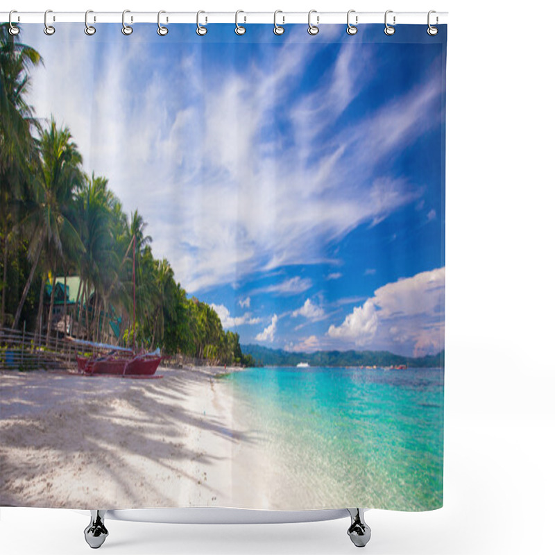 Personality  Tropical Beach With White Sand And A Small Boat Shower Curtains