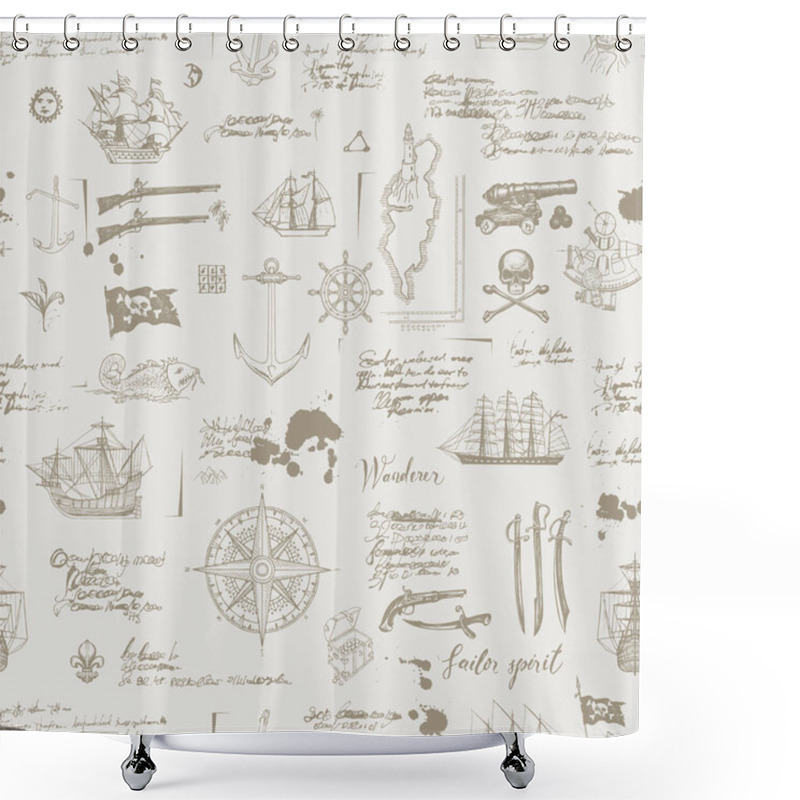 Personality  Vector Abstract Seamless Pattern On The Theme Of Pirate Adventures With Sketches And Illegible Notes. Vintage Background With Skull, Crossbones, Flag, Swords, Guns, Caravels And Other Nautical Symbols Shower Curtains