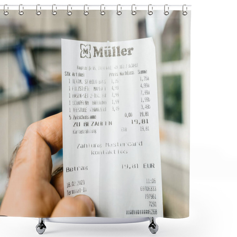 Personality  Frankfurt, Germany - Oct 25, 2023: Close-up Of A Muller Store Receipt Listing Purchased Items And Total Payment Of 19.81 EUR Made Via Mastercard On 18.02.2023 At 11:06 Shower Curtains