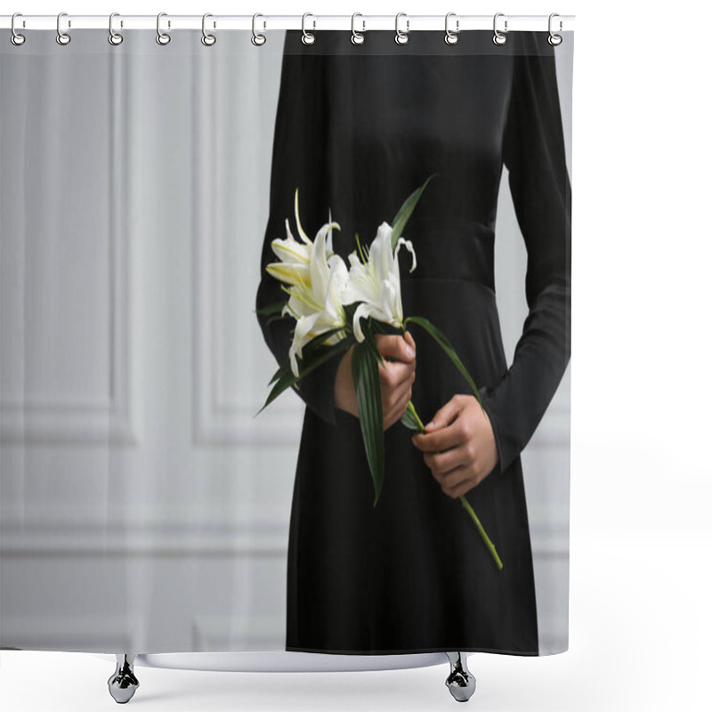 Personality  Woman With Lilies Near White Wall, Closeup And Space For Text. Funeral Ceremony Shower Curtains