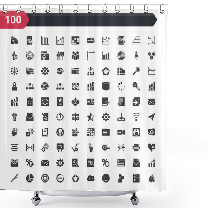 Personality  100 Ui Icons Set Such As Labels, Anonymous Message, Smiles, Loading Process, Pentagonal Chart, Loading Indicator, Reload Pie Chart, Percentage Chart, Pen Filled Writing Tool Shower Curtains