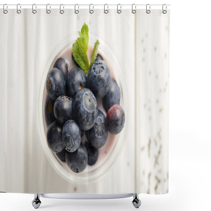 Personality  Top View Of Pudding With Blueberries And Mint On White Wooden Surface Shower Curtains