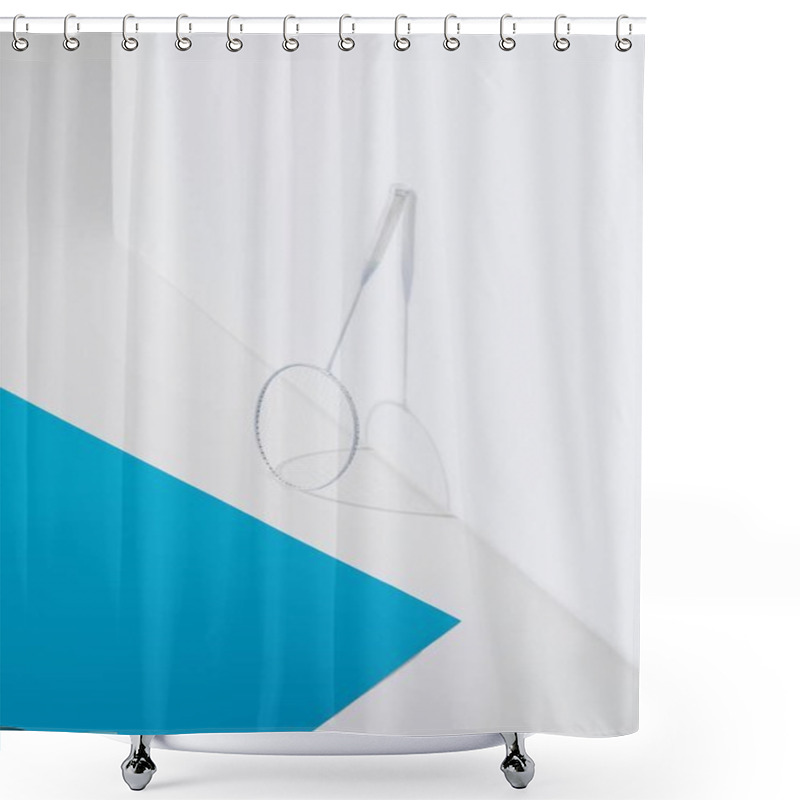 Personality  Badminton Racket At White Wall With Blue Paper Near Shower Curtains