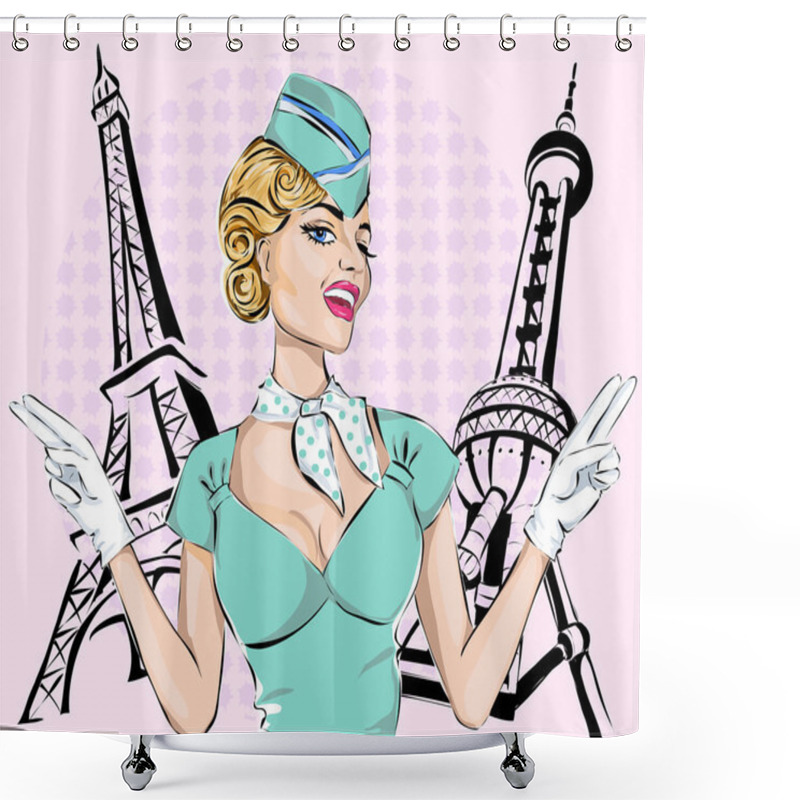 Personality  Beautiful Sexy Stewardess With Eiffel Tower And Oriental Pearl Background Shower Curtains