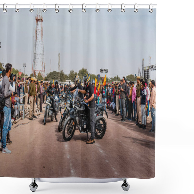 Personality  Bikaner, Rajasthan / India - January 2019 :  Bikers Group Performing Their Biking Activities During The Opening Ceremony Of Bikaner Camel Festival Shower Curtains