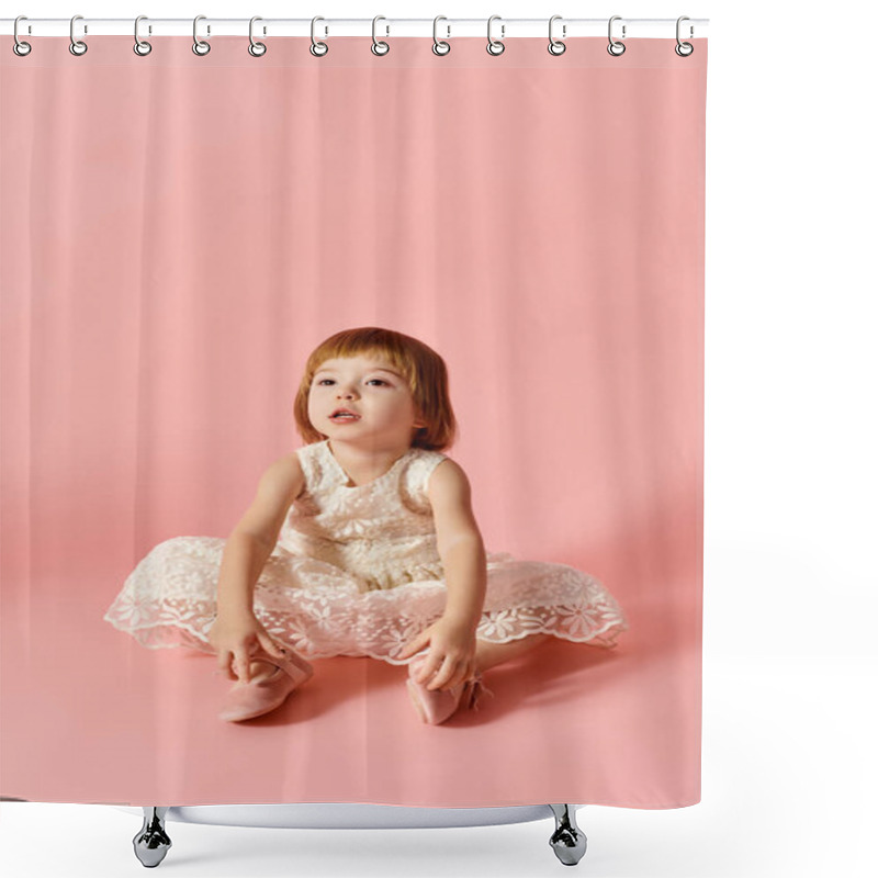 Personality  Adorable Girl In White Dress Sitting Gracefully On Pink Backdrop. Shower Curtains