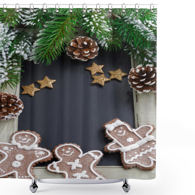 Personality  Black Board For Text, Fir Branches And Gingerbread Man Shower Curtains