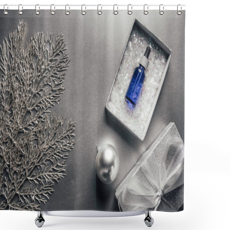 Personality  View From Above Of Serum In Gift Box And Christmas Ball With Fir Tree Branches On Silver  Shower Curtains