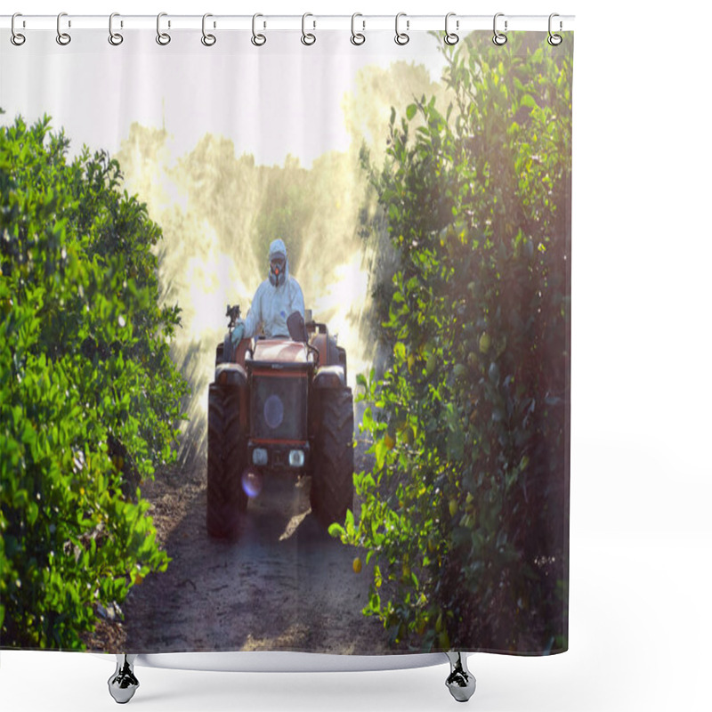 Personality  Farmer Driving Tractor Spraying Pesticide And Insecticide On Lemon Plantation In Spain. Weed Insecticide Fumigation. Organic Ecological Agriculture. A Sprayer Machine, Trailed By Tractor Spray Shower Curtains