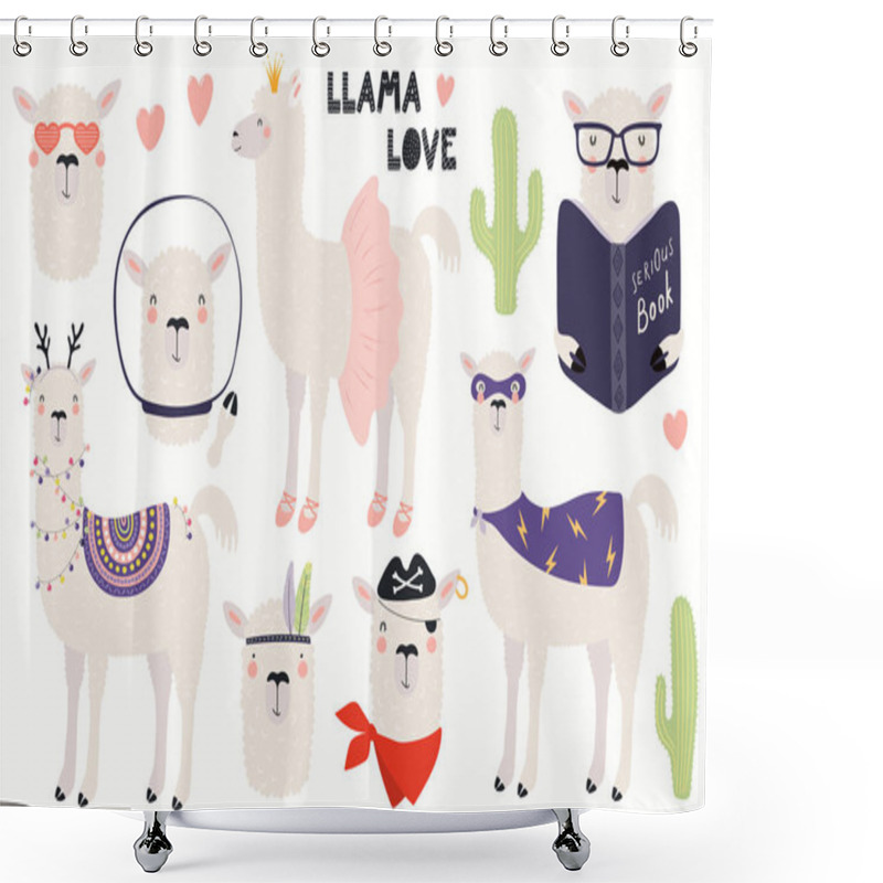 Personality  Set Of Cute Funny Llamas, Christmas, Astronaut, Ballerina, Pirate, Superhero  Isolated On White Background. Hand Drawn Vector Illustration. Scandinavian Style Flat Design. Concept For Children Print. Shower Curtains