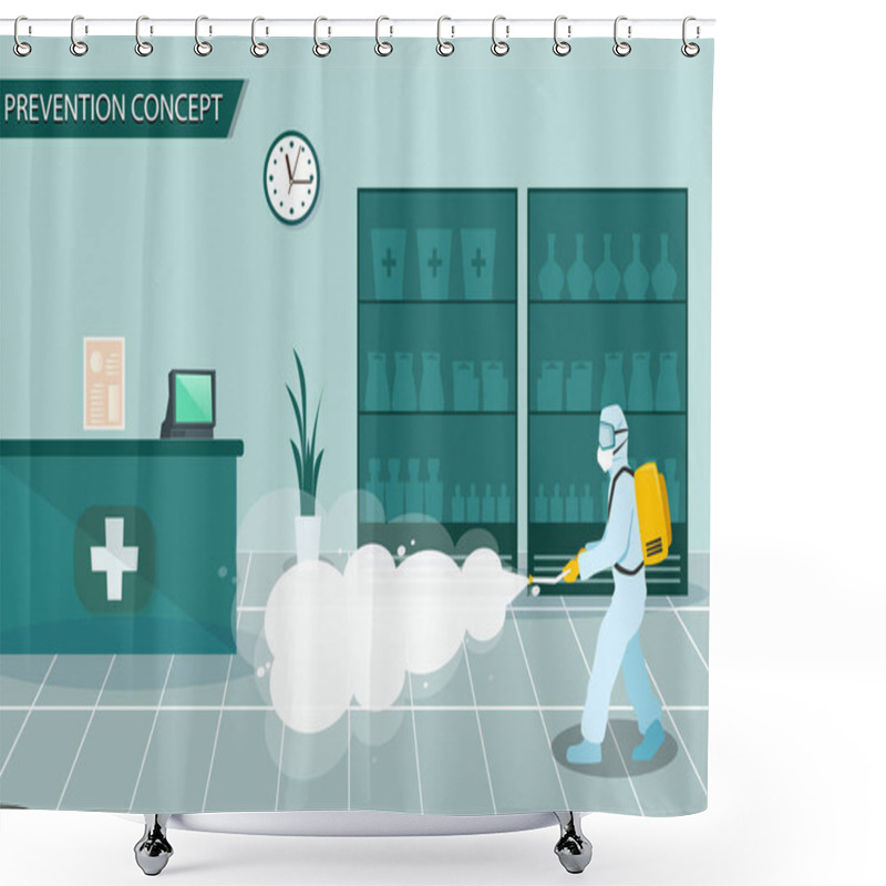 Personality  Prevention Concept At Pharmacy. People In Protective Suit (PPE) Wearing Medical Face Mask. Disinfecting Spray For Covid-19 Or Coronavirus. Disease Prevention. Vector Illustration Flat Design. Shower Curtains