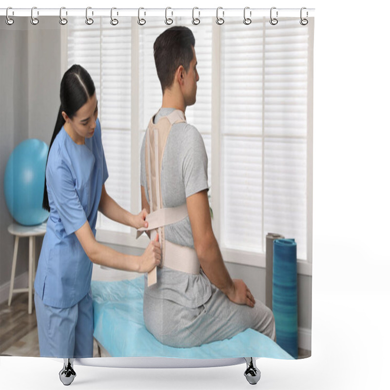 Personality  Orthopedist Helping Patient To Put On Posture Corrector In Clinic. Scoliosis Treatment Shower Curtains