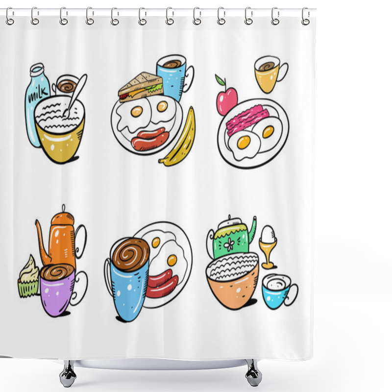 Personality  Breakfast Set Hand Drawn Vector Illustration. Isolated On White Background. Cartoon Style. Shower Curtains