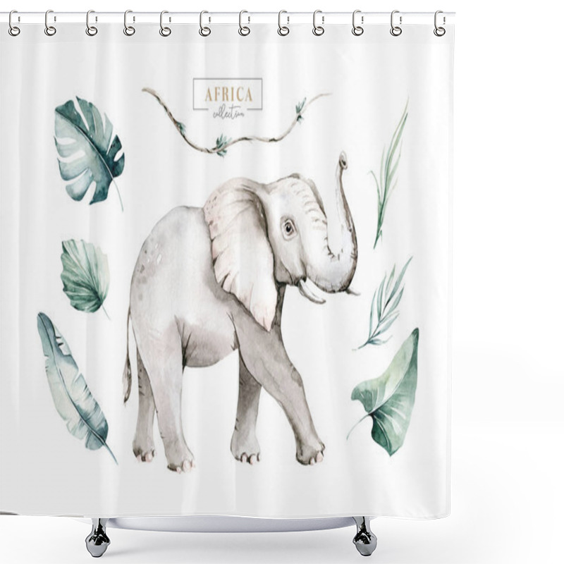 Personality  Watercolor Frican Elephant Animal Isolated On White Background. Savannah Wildlife Cartoon Zoo Safari Poster. Jungle Decoration. Shower Curtains