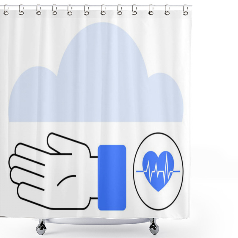 Personality  Cloud, Extended Hand, Heart With Heartbeat Signal Inside Circle. Ideal For Healthcare, Technology, Online Services, Support, Wellness Medical Advancements Health Monitoring. Line Metaphor Shower Curtains