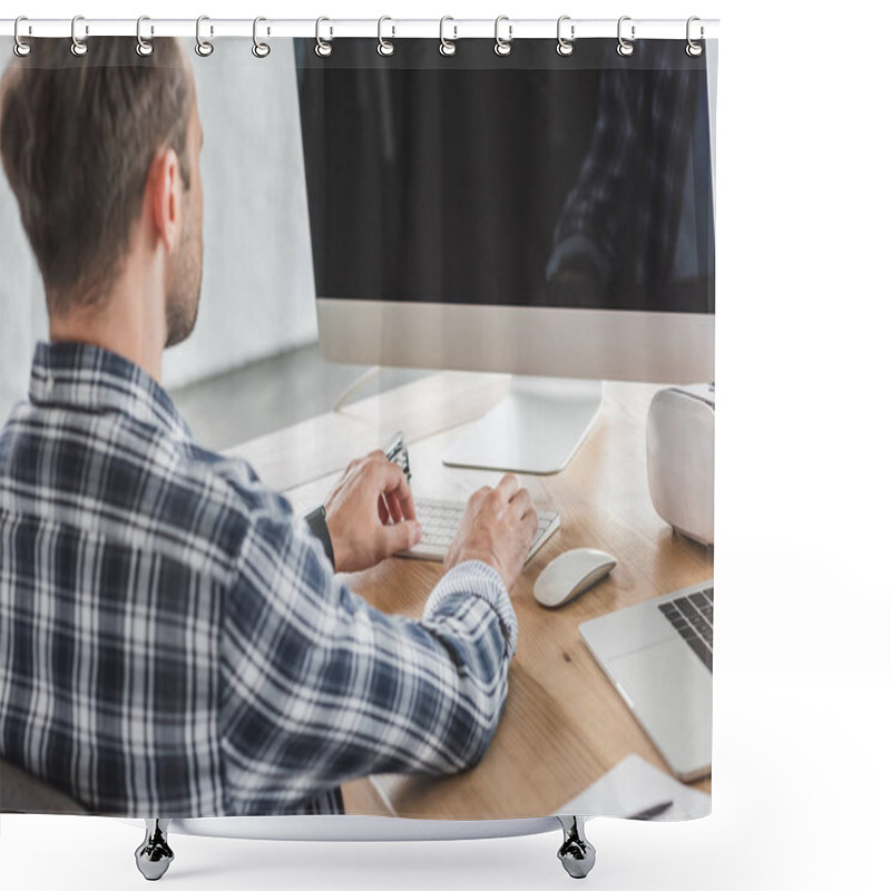 Personality  Back View Of Young Programmer Using Desktop Computer At Workplace Shower Curtains