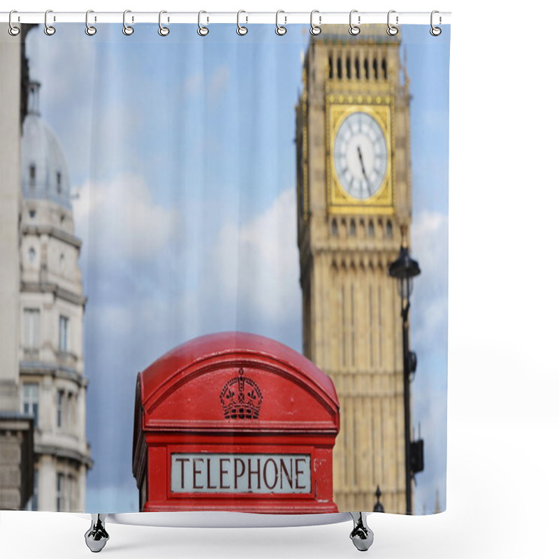 Personality  View Of Traditional British Red Telephone Box With The Clock Tower  Shower Curtains