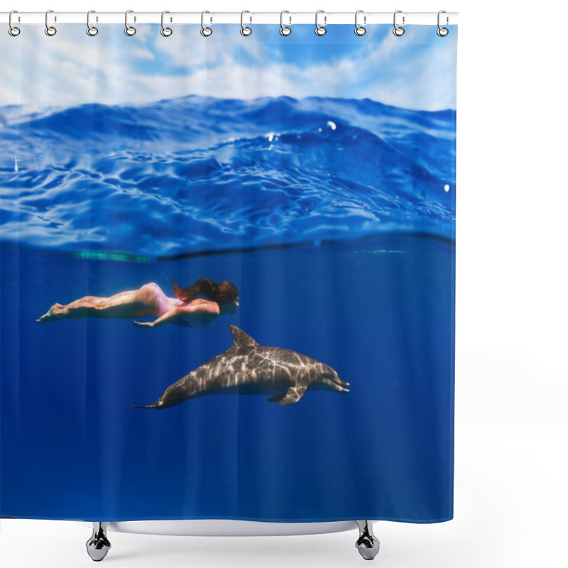 Personality  Swimmer Girl In Pink Swimsuit And Dolphin Playing In The Sea Underwater Shower Curtains