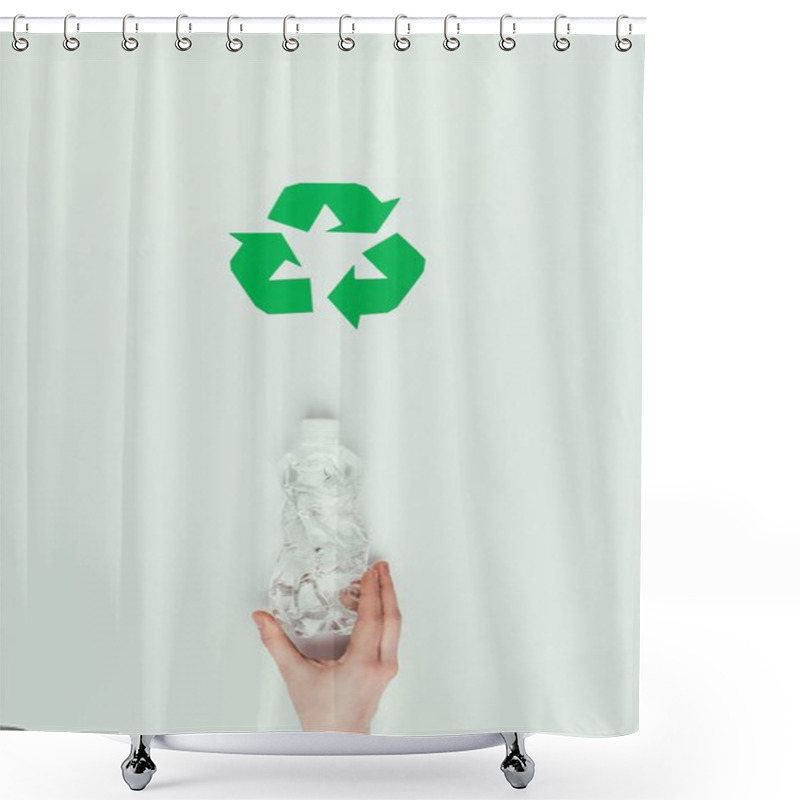 Personality  Partial View Of Woman Holding Plastic Bottle With Recycle Sign Isolated On Grey Shower Curtains