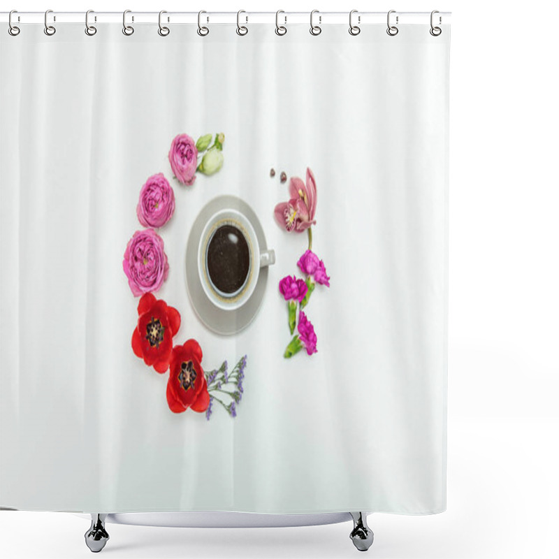 Personality  Beautiful Flowers And Cup Of Coffee Shower Curtains