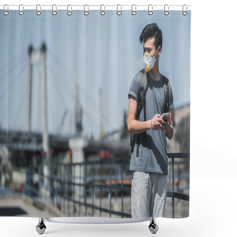 Personality  Asian Teen In Protective Mask Holding Smartphone And Looking Away, Air Pollution Concept Shower Curtains