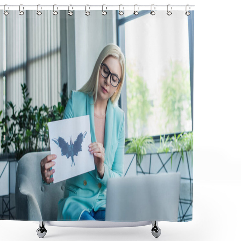 Personality  Psychologist Holding Rorschach Test Near Laptop During Video Call In Consultation Room  Shower Curtains