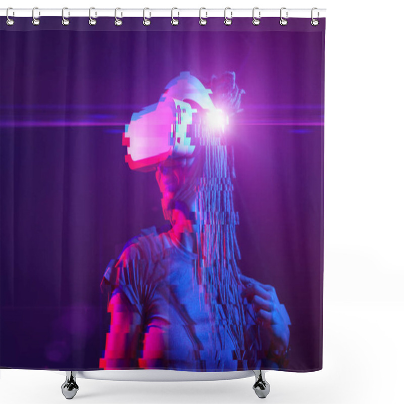 Personality  Woman Is Using Virtual Reality Headset. Neon Light Studio Portrait. Image With Glitch Effect. Shower Curtains