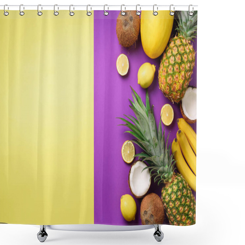 Personality  Exotic Pineapples, Coconuts, Banana, Melon, Lemon, Tropical Palm And Green Monstera Leaves On Yellow, Purple Background With Copyspace. Creative Layout. Monochrome Summer Concept. Flat Lay, Top View Shower Curtains