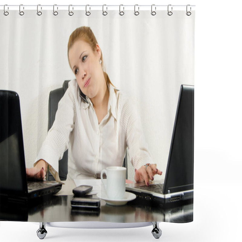 Personality  Stressed Business Woman Multitasking In Her Office Using Latest Technology. Shower Curtains