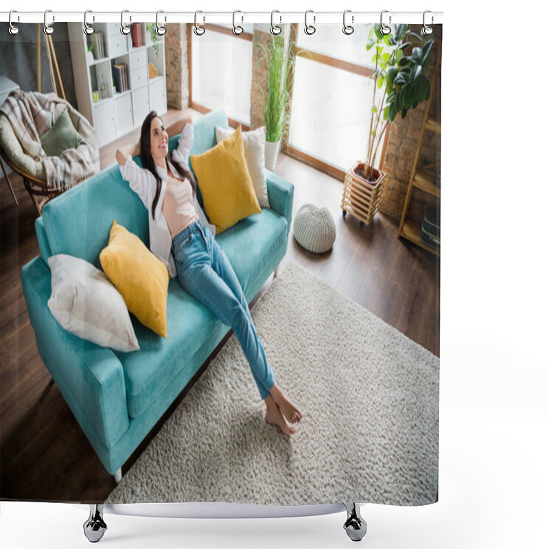 Personality  Top View Photo Of Pretty Lady Sitting Modern Divan Resting Thinking About Holidays In House Indoors. Shower Curtains